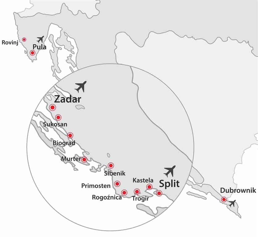 Czarter Jachtów Chorwacja - mapka portów