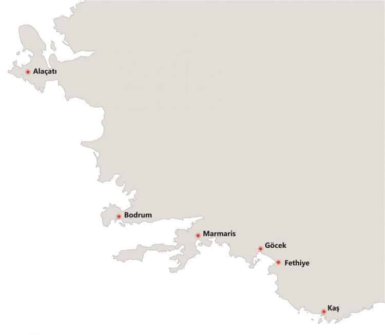 Czarter jachtów Turcja mapka