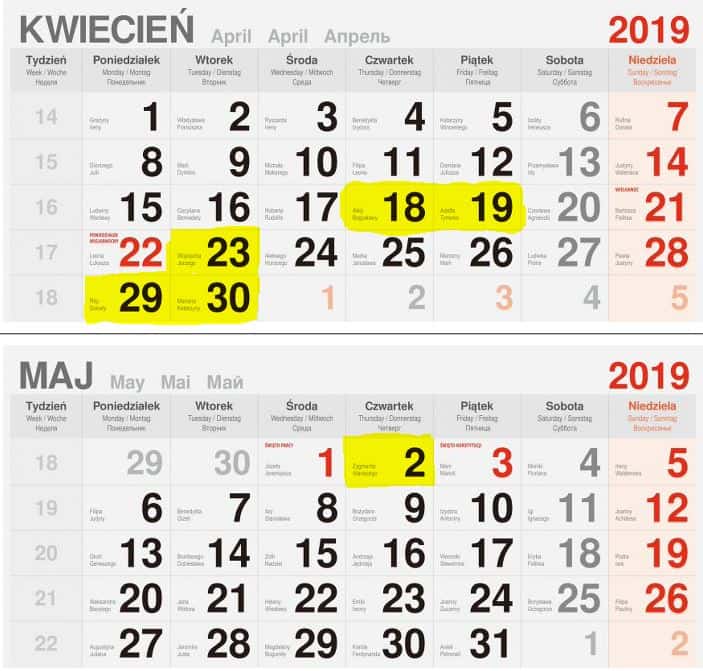 kwiecień maj kalendarz 2019