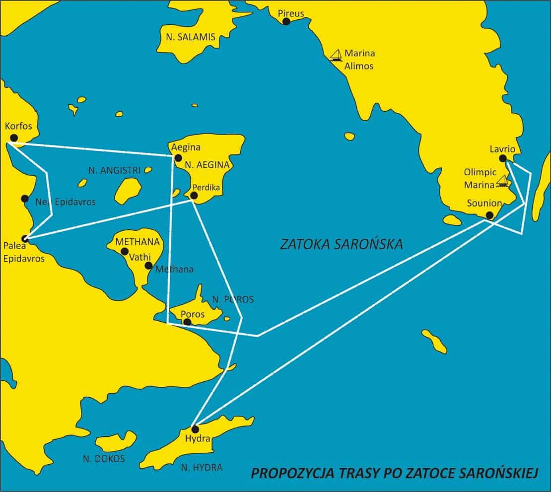 Propozycja trasy rejsu z Lavrio po Zatoce Sarońskiej
