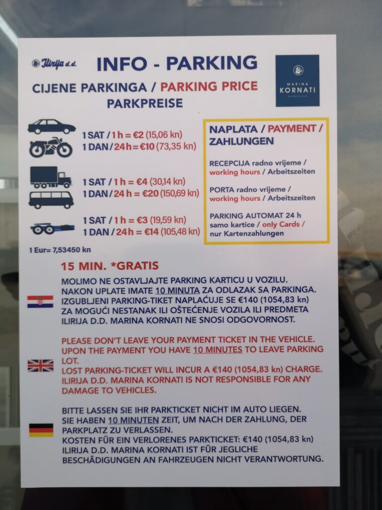 kornati marina w Biogarda na Moru cennik parking