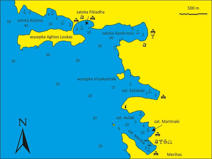 Mapa zatoki Kolona na wyspie Kithnos