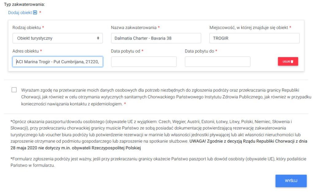 formularz na granicy dla jadących do Chorwacji
