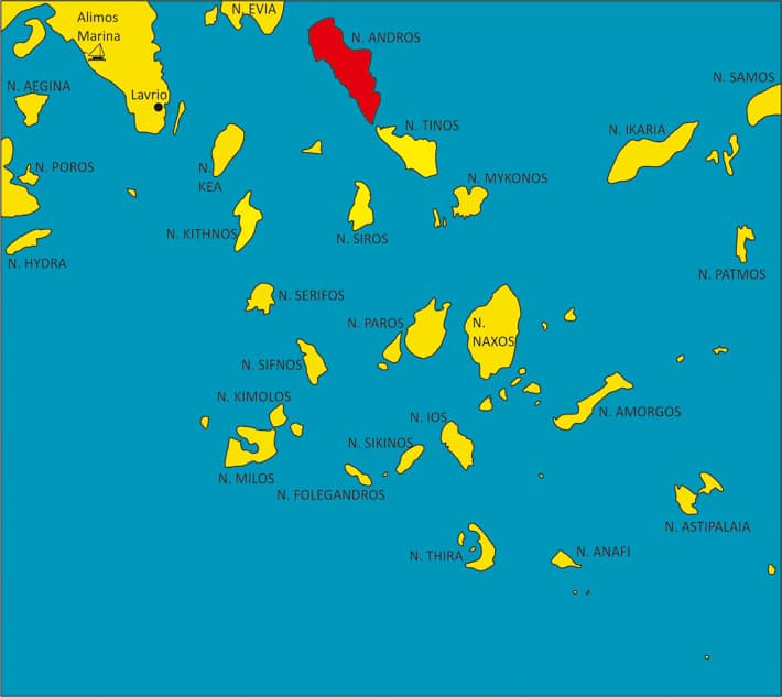 wyspa Andros mapa cyklad