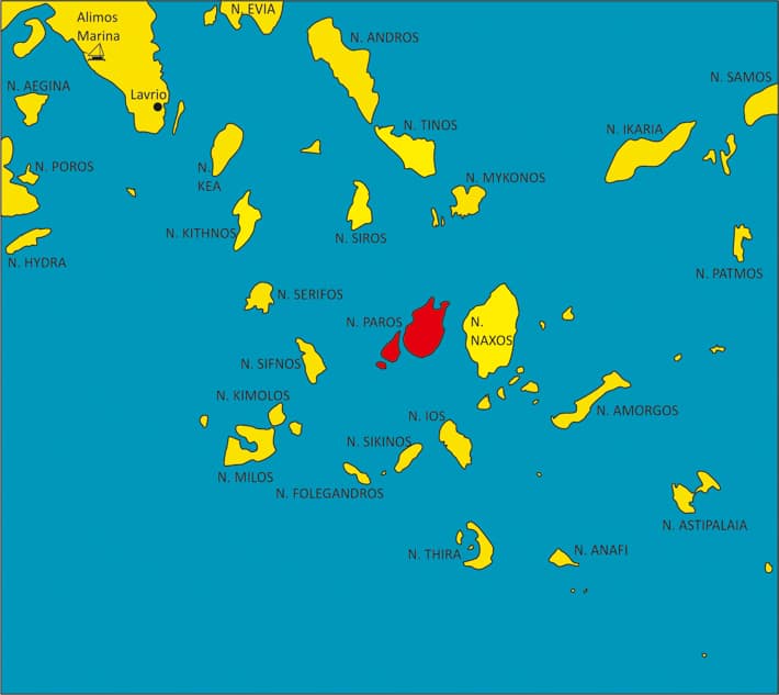 Mapka Cyklad z zaznaczoną wyspą Paros