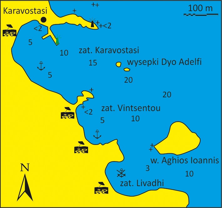 mapka zatoki Karavostasi, Vintsentou i Livadi