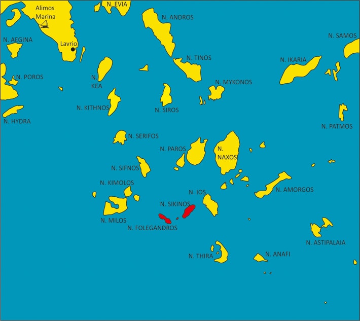 mapka cyklad zaznaczone folegandros i Sikinos