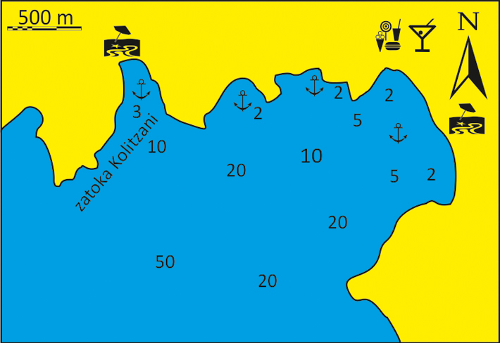 mapka zatoki Mylopotas na Ios