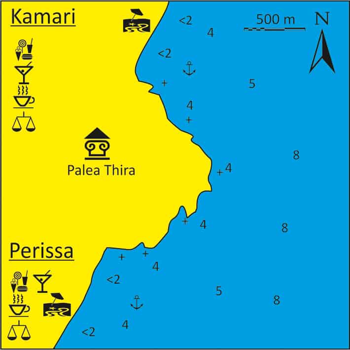 Mapka zatoki Perissa i Kamari