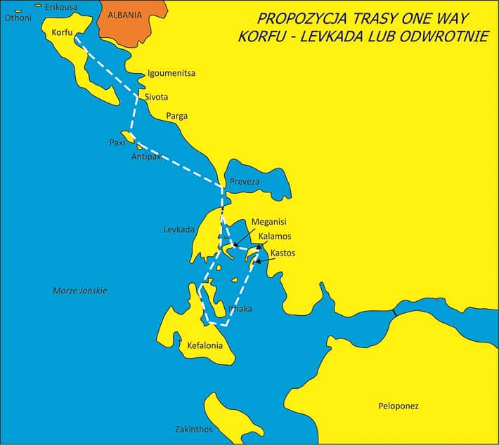 Morze Jońskie propozycja trasy rejsu one way Lefkada Gouvia