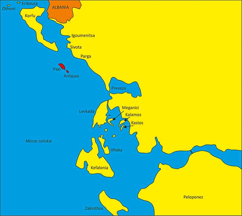 wybrzeże Grecji Paxi i Antypaxi mapka