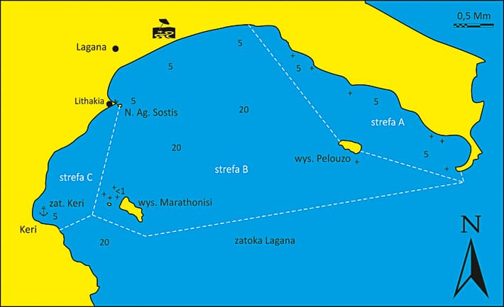 Mapka zatoki Laganas z podziałem na strefy