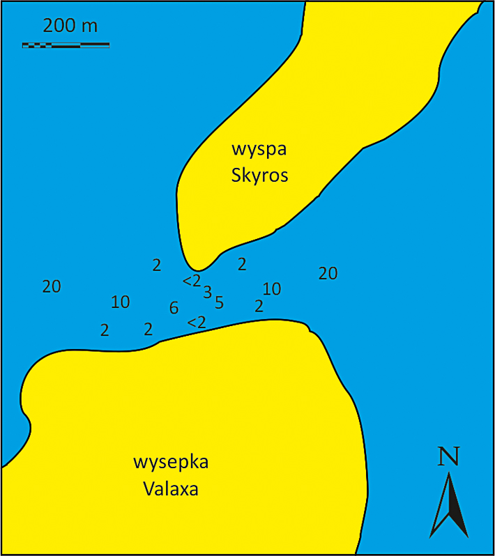 Kanał między wysepką Valax a Skyros mapka