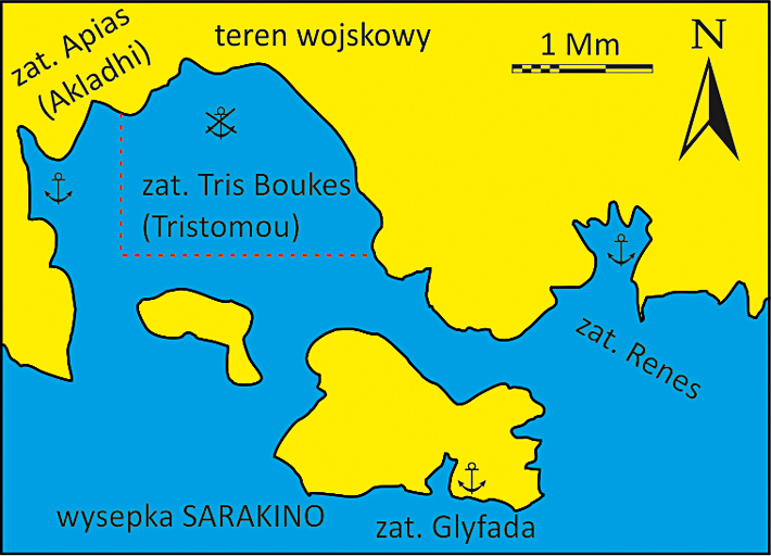 wysepka Sarakino i sąsiednie zatoki mapka