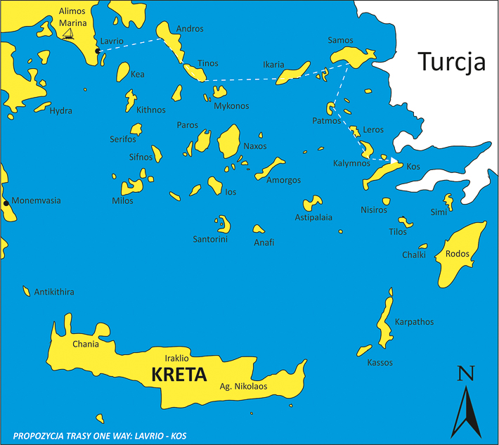 Propozycja trasy one way Lavrio - Kos mapka